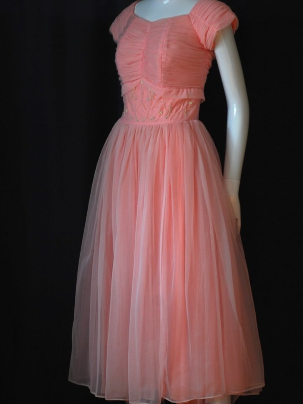 1950's Feminine Layered, Ruched & Beaded Pink Dress - Picture 2 of 7
